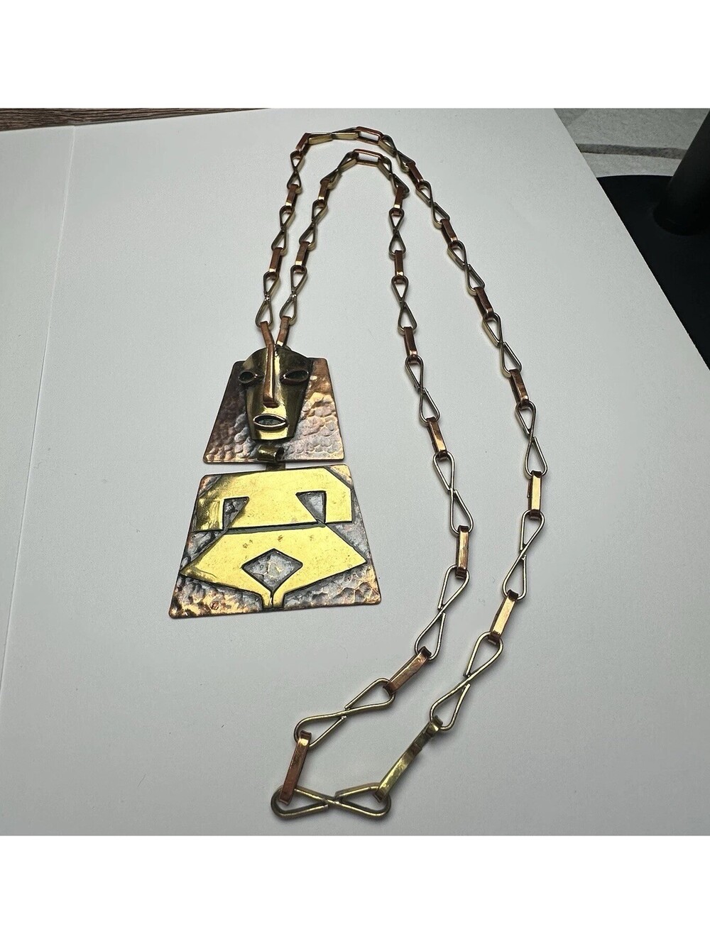 Mexican Mixed Metal Copper Brass Tribal Face Brutalist Pendant Necklace